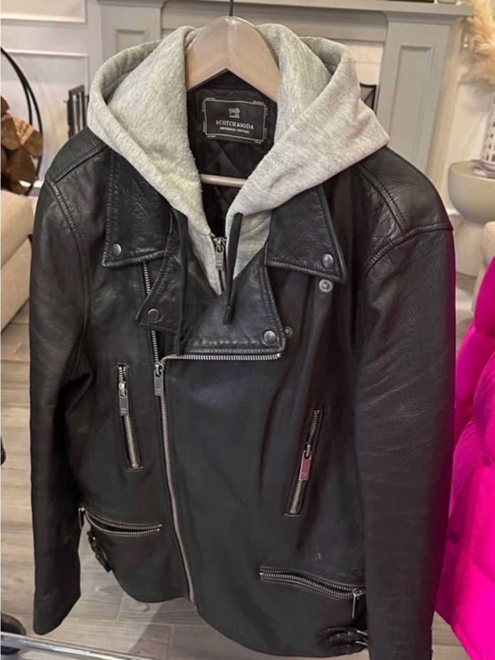 Scotch & Soda Black Leather Biker Jacket with Gray Hooded Liner
